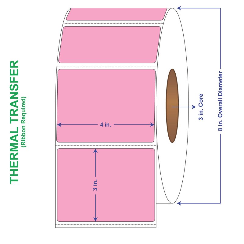 4" x 3" General Use Labels, w/ Perf Thermal Transfer Labels, Perforated, Tinted, Pink (196), 1900 per roll (4 Rolls per Carton)