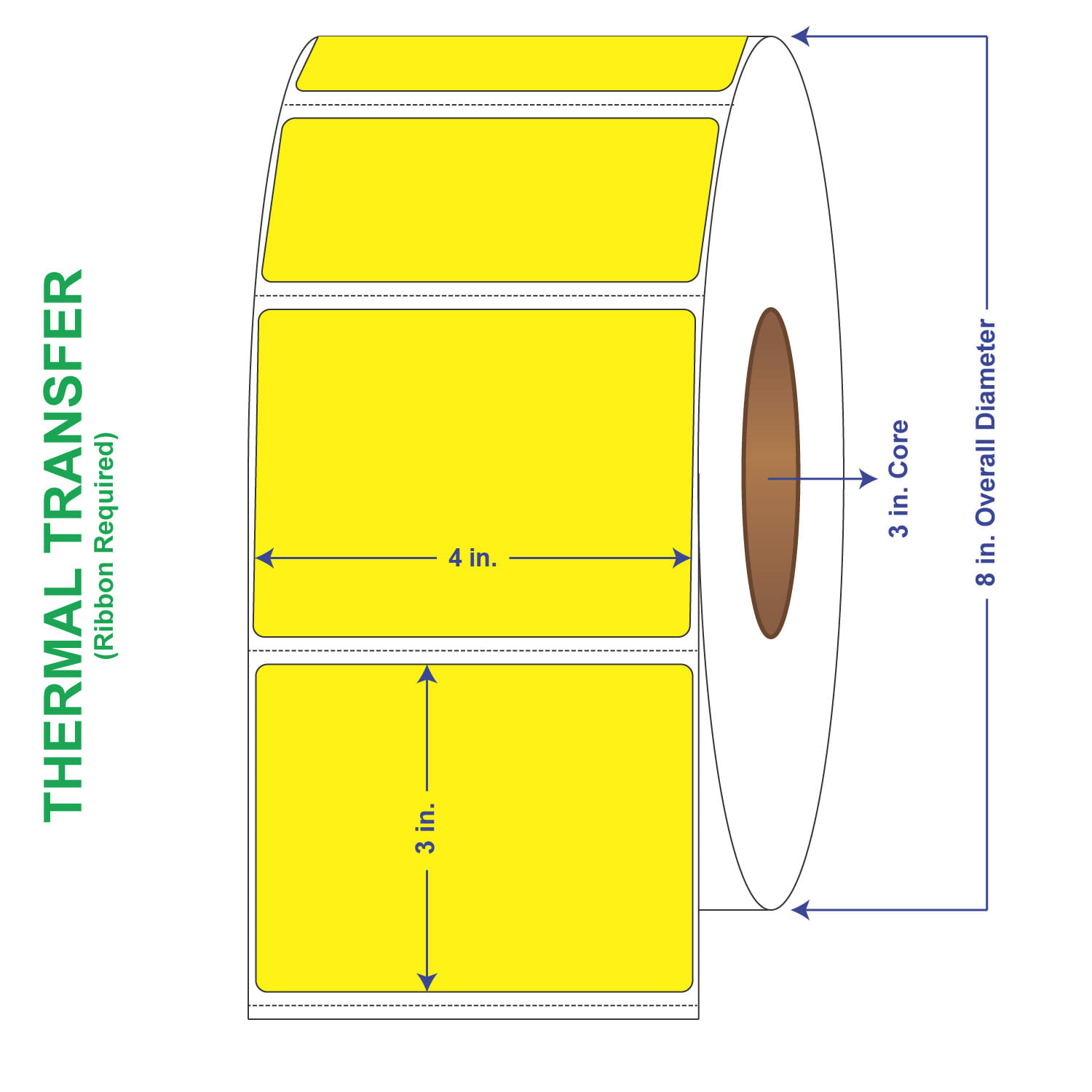 4" x 3" General Use Labels, w/ Perf Thermal Transfer Labels, Perforated, Tinted, Pantone Yellow, 1900 per roll (4 Rolls per Carton)