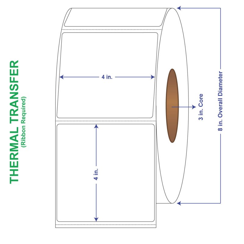 4" x 4" General Use Labels, w/ Perf Thermal Transfer Labels, Perforated, 1500 per roll (4 Rolls per Carton)