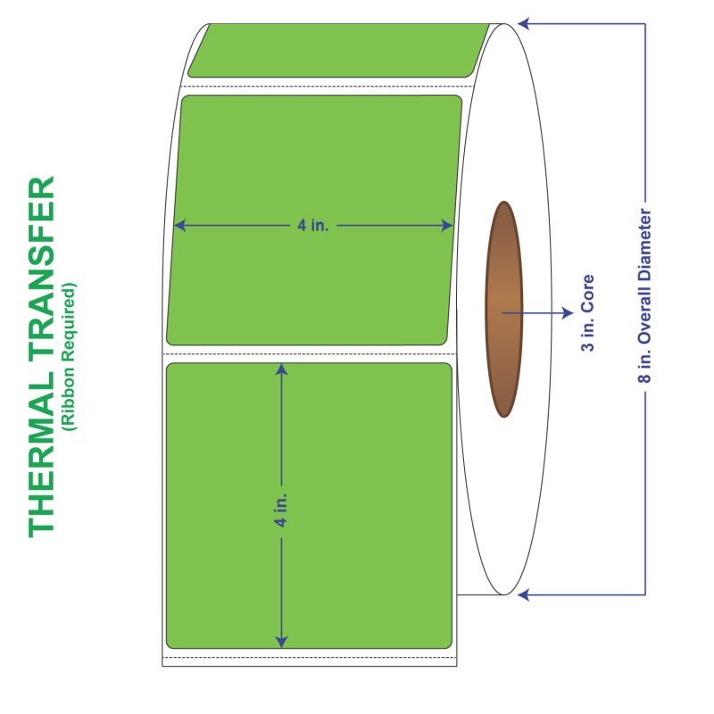 4" x 4" General Use Labels, w/ Perf Thermal Transfer Labels, Perforated, Tinted, Fluorescent Green, 1500 per roll (4 Rolls per Carton)