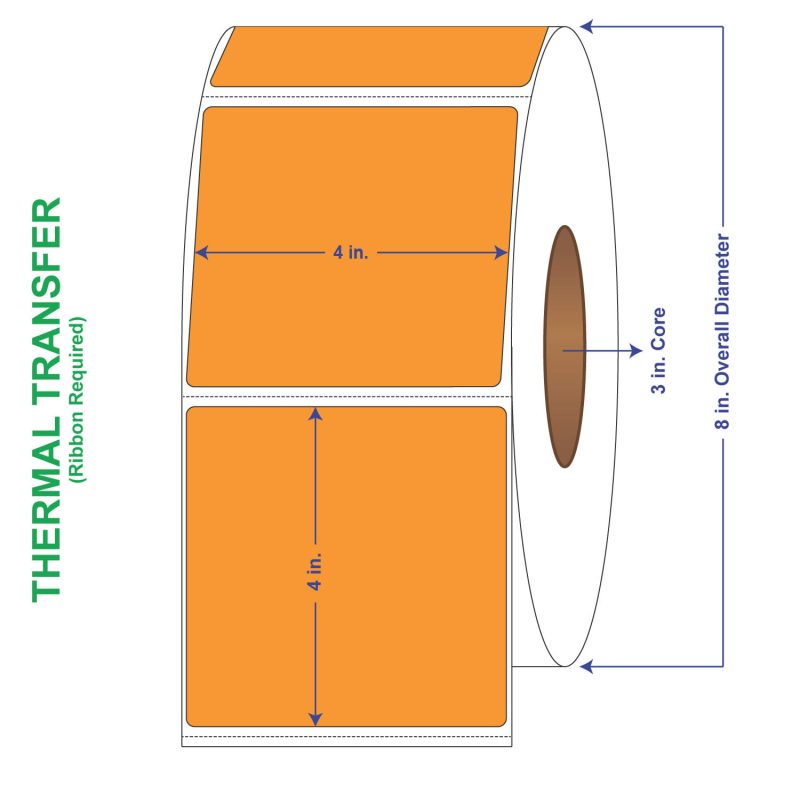4" x 4" General Use Labels, w/ Perf Thermal Transfer Labels, Perforated, Tinted, Orange (136), 1500 per roll (4 Rolls per Carton)