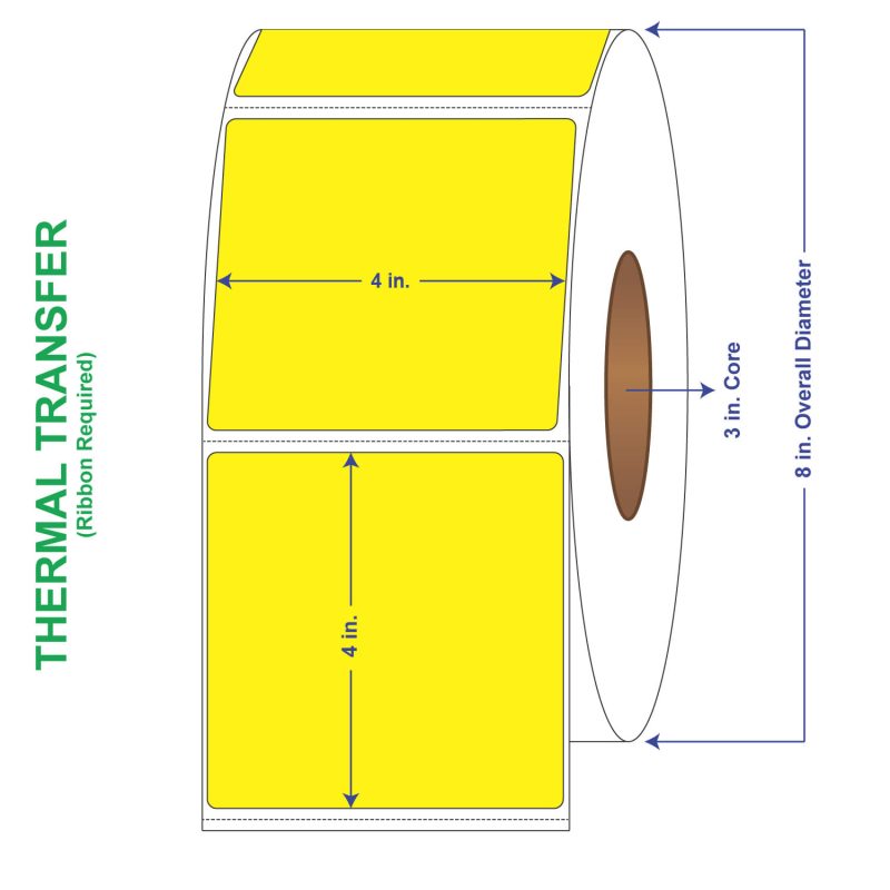 4" x 4" General Use Labels, w/ Perf Thermal Transfer Labels, Perforated, Tinted, Pantone Yellow, 1500 per roll (4 Rolls per Carton)