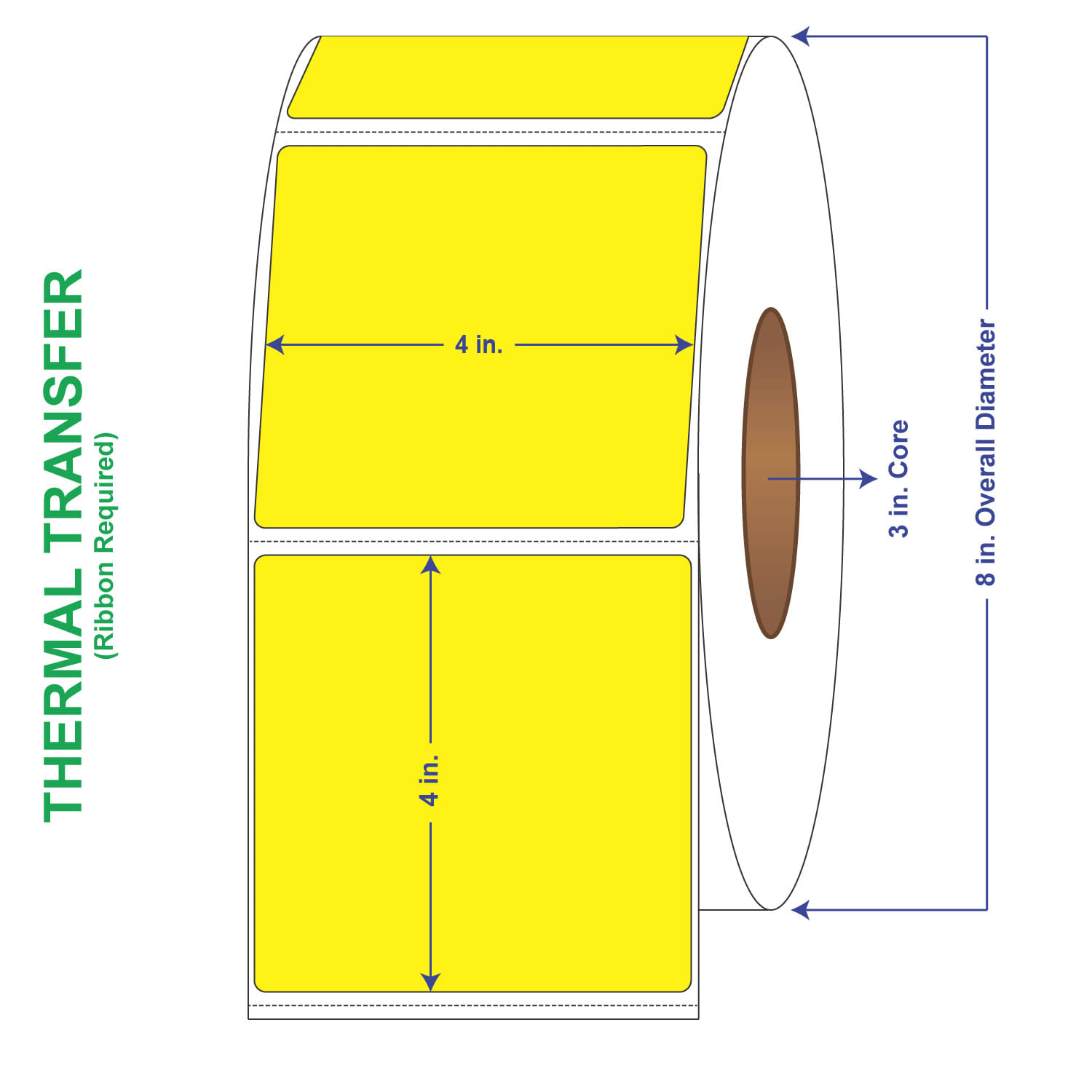 4" x 4" General Use Labels, w/ Perf Thermal Transfer Labels, Perforated, Tinted, Pantone Yellow, 1500 per roll (4 Rolls per Carton)