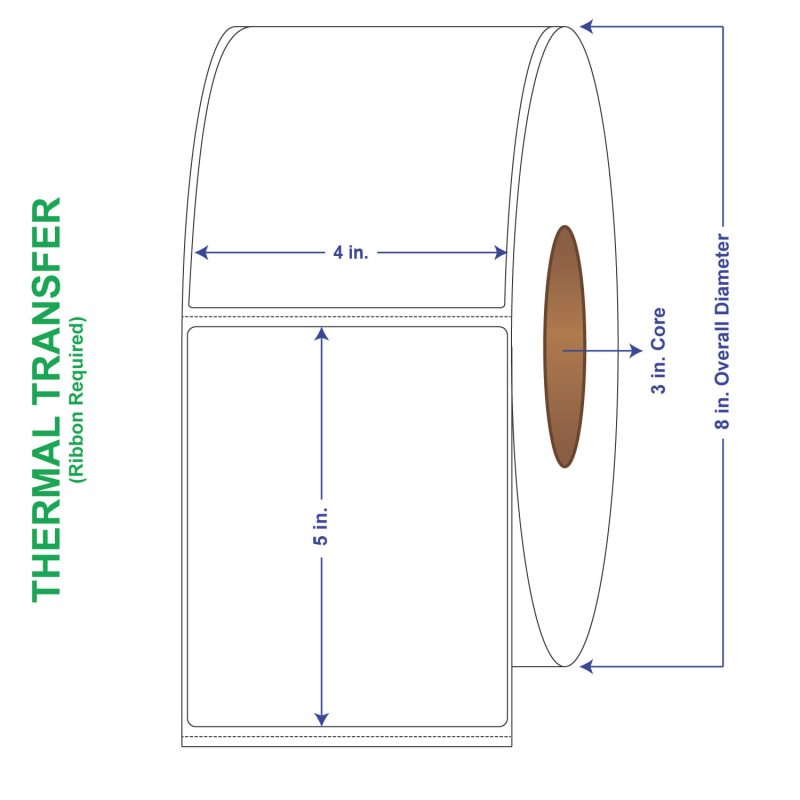 4" x 5" General Use Labels, w/ Perf Thermal Transfer Labels, Perforated, 1250 per roll (4 Rolls per Carton)