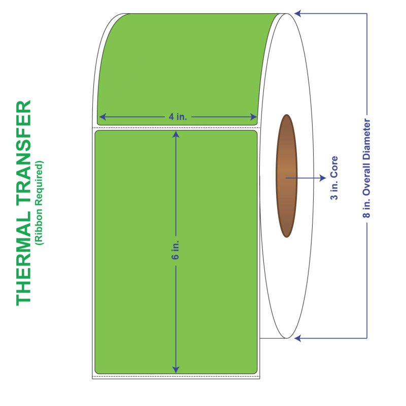 4" x 6" General Use Labels, w/ Perf Thermal Transfer Labels, Perforated, Tinted, Fluorescent Green, 1000 per roll (4 Rolls per Carton)