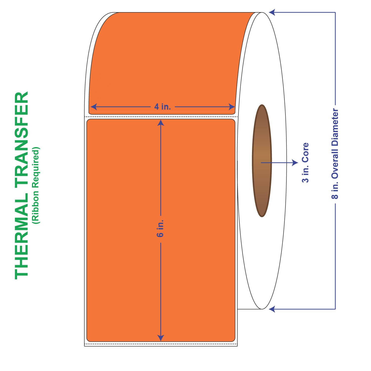 4" x 6" General Use Labels, w/ Perf Thermal Transfer Labels, Perforated, Tinted, Fluorescent Orange, 1000 per roll (4 Rolls per Carton)