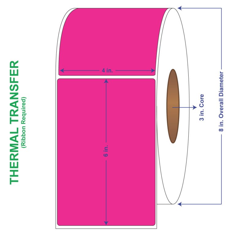 4" x 6" General Use Labels, w/ Perf Thermal Transfer Labels, Perforated, Tinted, Fluorescent Pink, 1000 per roll (4 Rolls per Carton)