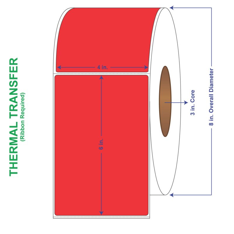 4" x 6" General Use Labels, w/ Perf Thermal Transfer Labels, Perforated, Tinted, Fluorescent Red, 1000 per roll (4 Rolls per Carton)