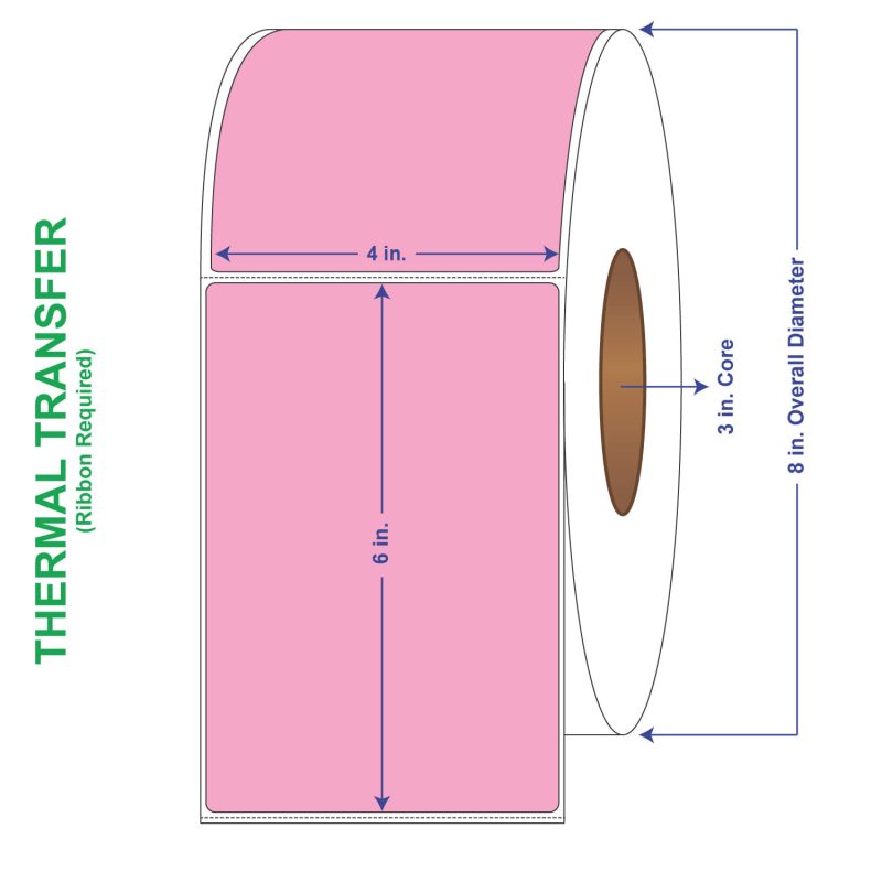 4" x 6" General Use Labels, w/ Perf Thermal Transfer Labels, Perforated, Tinted, Pink (196), 1000 per roll (4 Rolls per Carton)