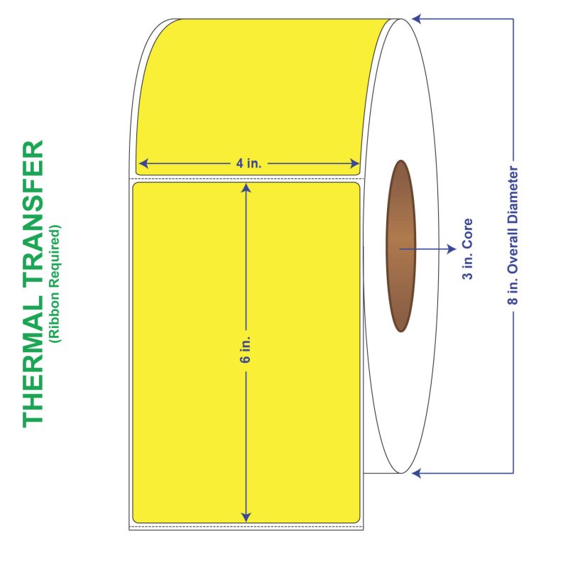 4" x 6" General Use Labels, w/ Perf Thermal Transfer Labels, Perforated, Tinted, Pantone Yellow, 1000 per roll (4 Rolls per Carton)