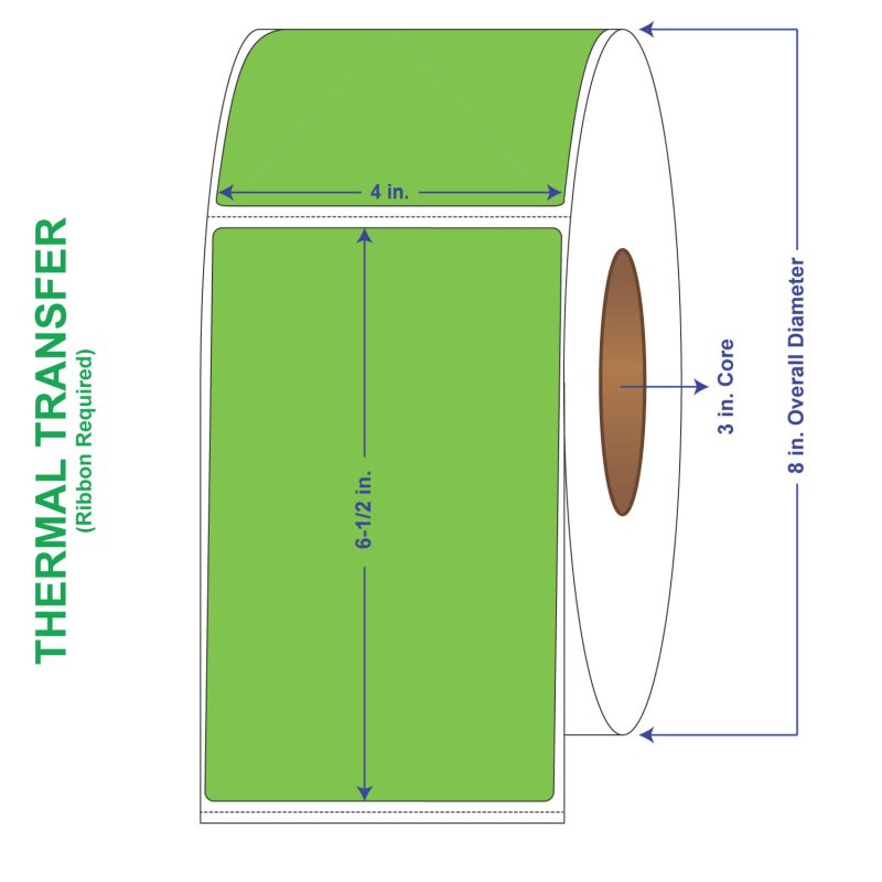 4" x 6-1/2" General Use Labels, w/ Perf Thermal Transfer Labels, Perforated, Tinted, Fluorescent Green, 900 per roll (4 Rolls per Carton)