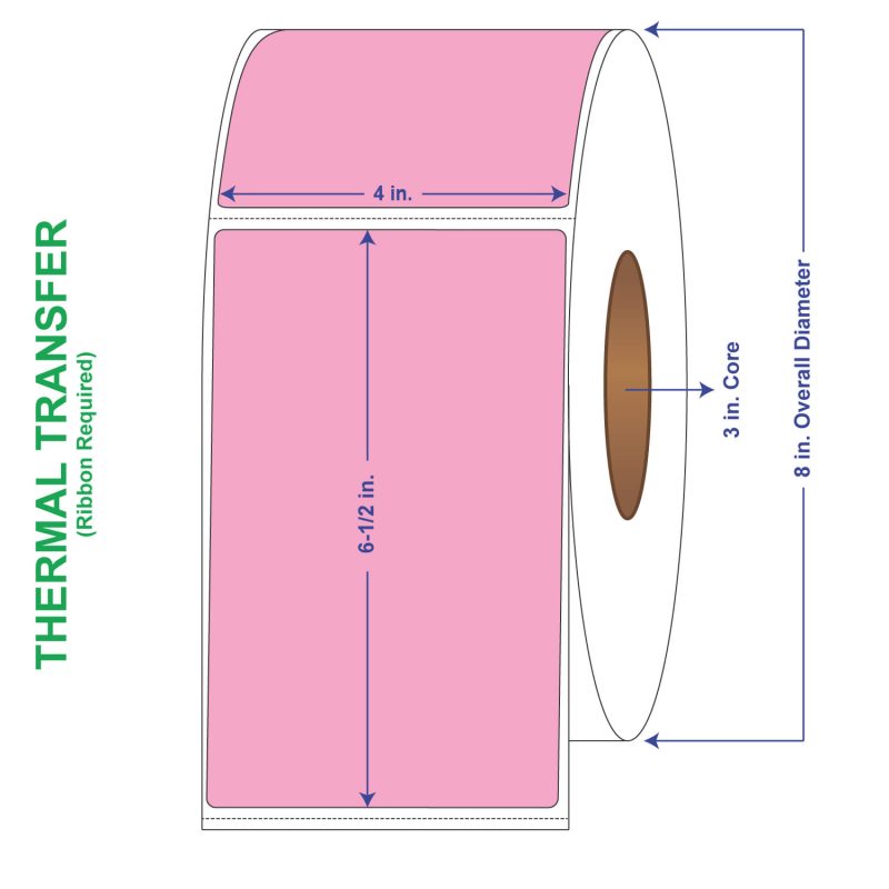 4" x 6-1/2" General Use Labels, w/ Perf Thermal Transfer Labels, Perforated, Tinted, Pink (196), 900 per roll (4 Rolls per Carton)