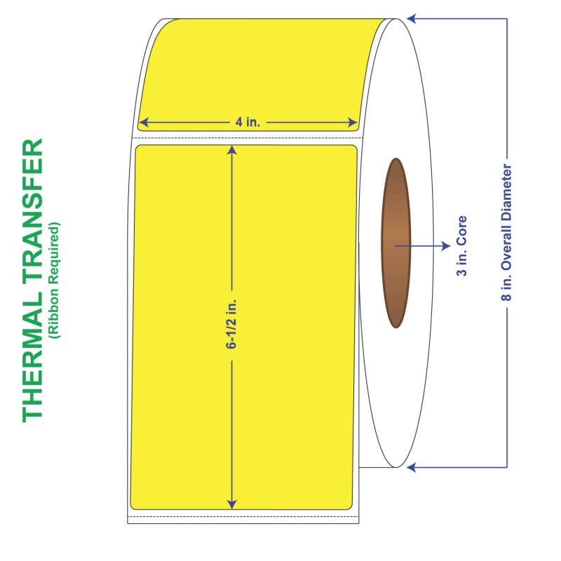 4" x 6-1/2" General Use Labels, w/ Perf Thermal Transfer Labels, Perforated, Tinted, Pantone Yellow, 900 per roll (4 Rolls per Carton)