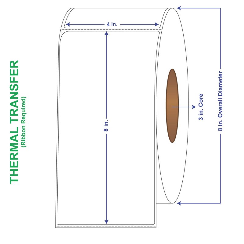 4" x 8" General Use Labels, w/ Perf Thermal Transfer Labels, Perforated, 750 per roll (4 Rolls per Carton)