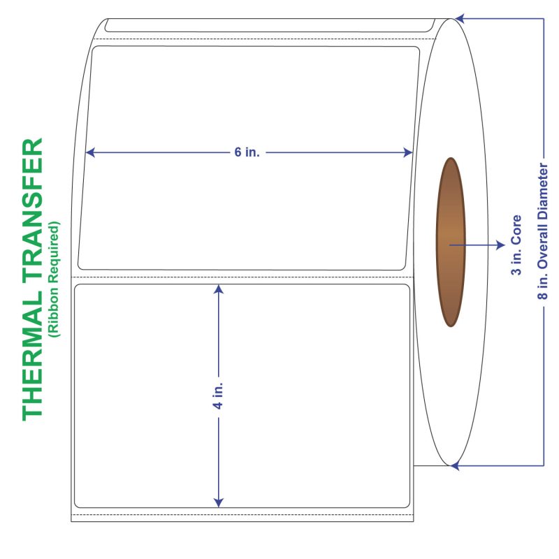 6" x 4" General Use Labels, w/ Perf Thermal Transfer Labels, Perforated, 1500 per roll (4 Rolls per Carton)