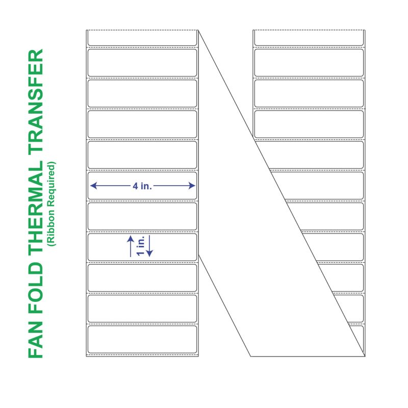 4" x 1" General Use Fan Fold Labels, w/ Perf Thermal Transfer Labels, Perforated, 10500 per Stack (2 Stacks per Carton)