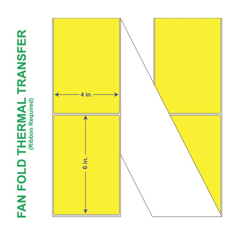 4" x 6" General Use Fan Fold Labels, w/ Perf Thermal Transfer Labels, Perforated, Pantone Yellow, 2000 per Stack (2 Stacks per Carton)