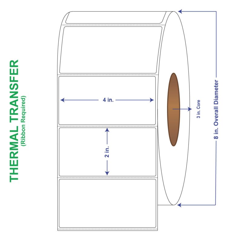 4" x 2" General Use Labels, w/ Perf Thermal Transfer Labels, Comparable to Kimdura, Perforated, 2600 per roll (4 Rolls per Carton)