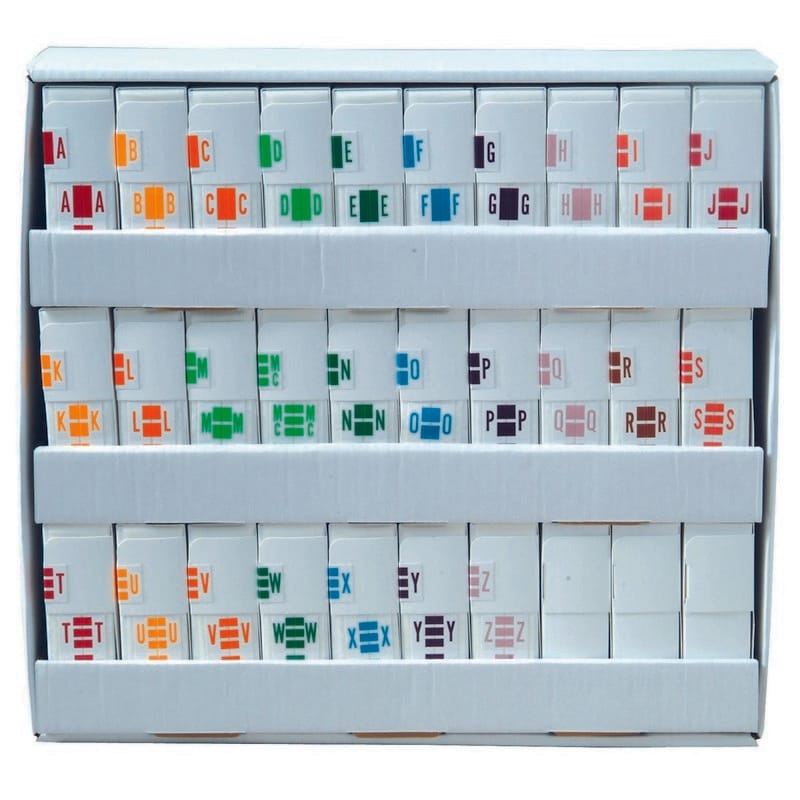 Tabbies Compatible "A-Z, plus Mc" Labels, Polylaminated 100# Stock, 1 " X 1-1/2" Individual Letters - Roll of 500