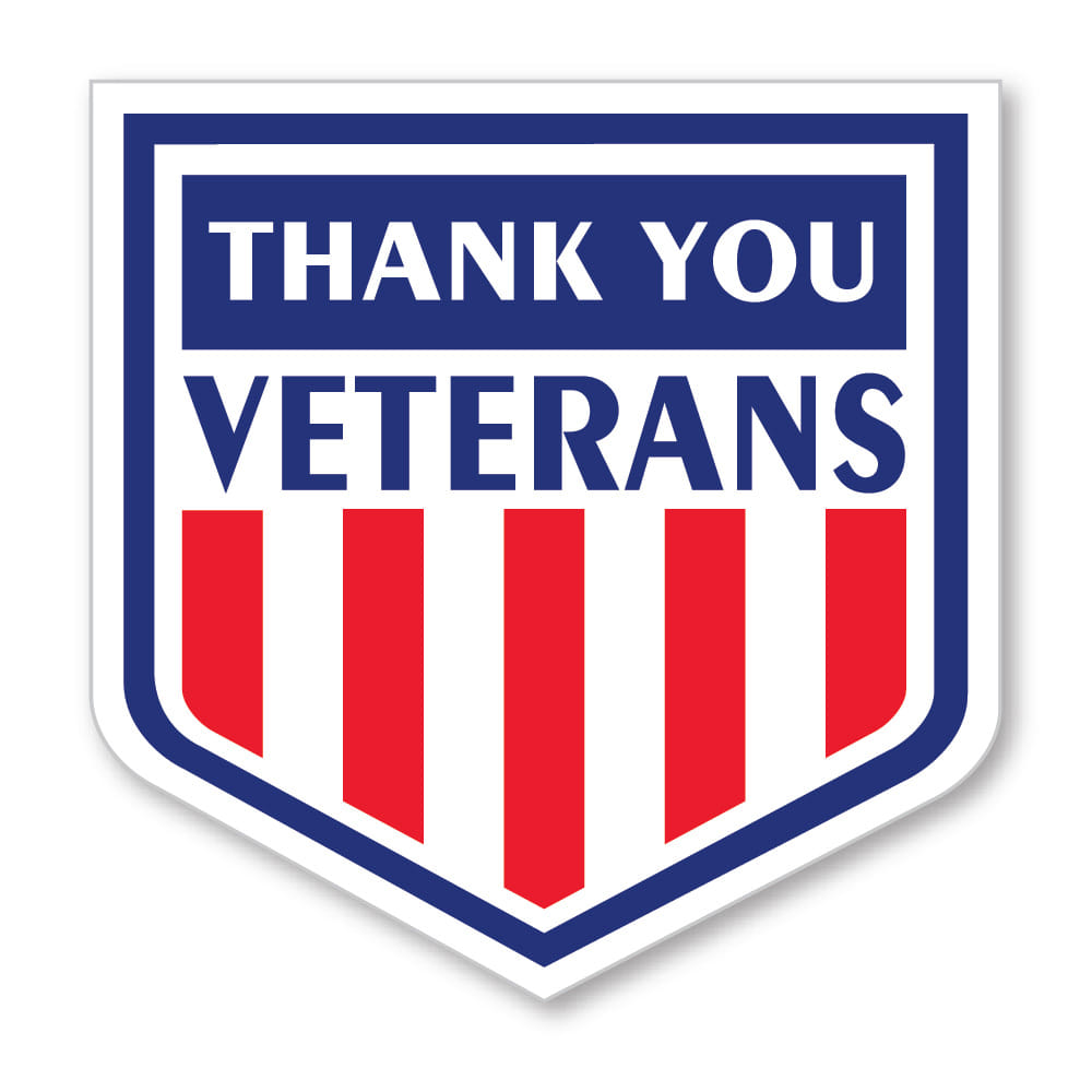 3" x 3" "Thank You Veterans" Shield Shaped Label with Stars and Stripes Design (250 Per Roll)