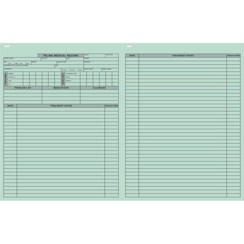 Pet Medical Record Form - Feline, Green 8-1/2" x 11" (Pkg of 250)