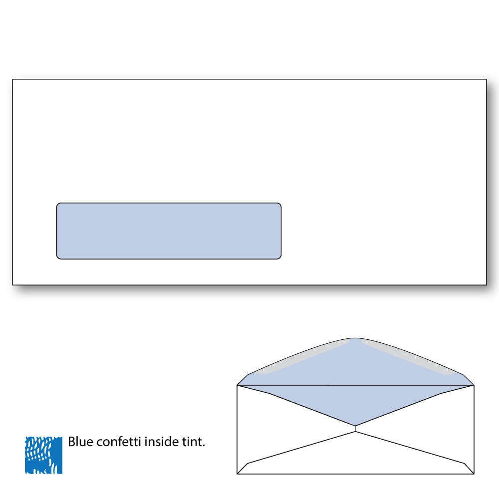 #10 Commercial Window Envelopes with Blue Confetti Tint, Side Seam, White Wove, 24lb. 4-1/8" x 9-1/2". - Carton of 2500