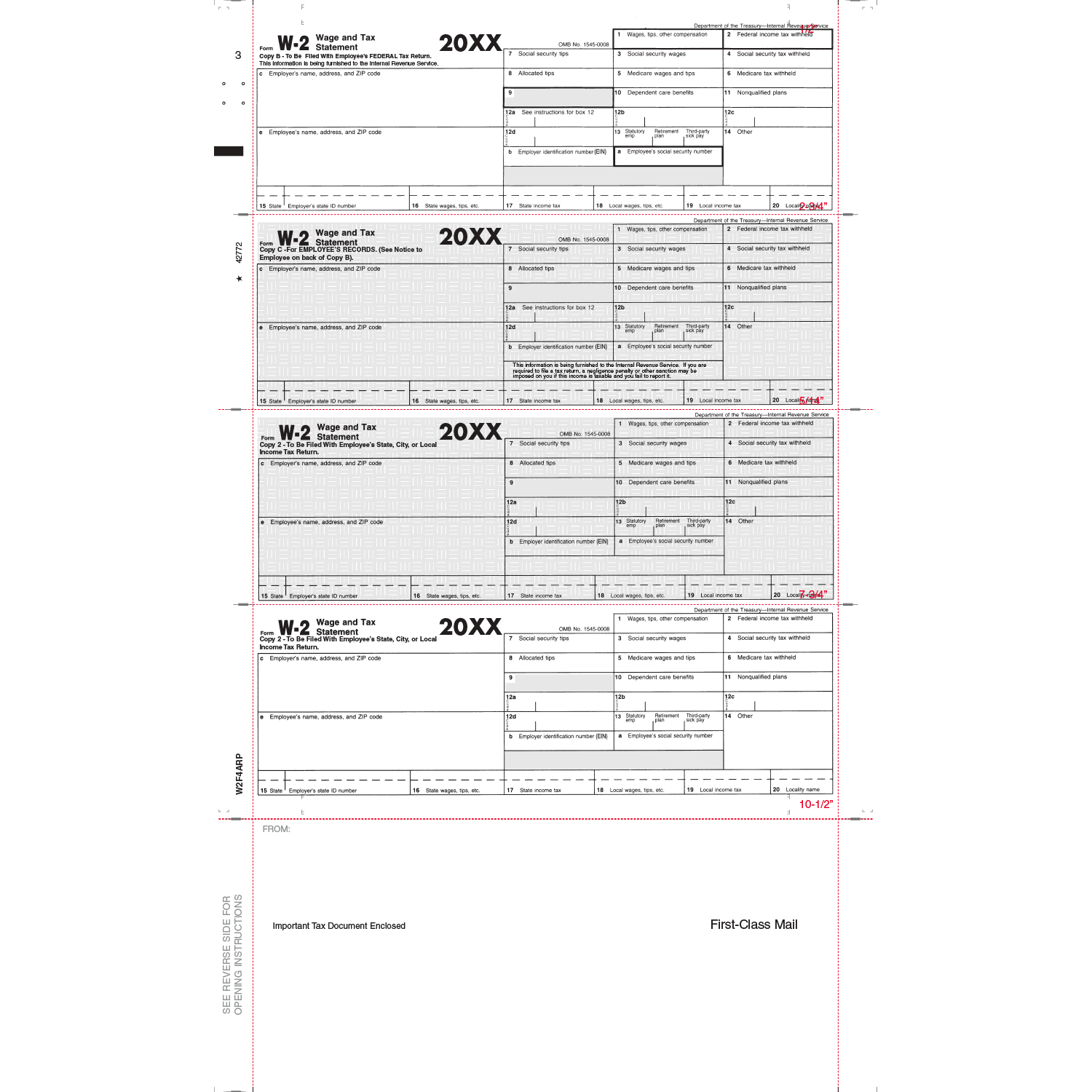 8-1/2" x 14" Printed EZ Fold W2 Tax Forms (Box of 500)