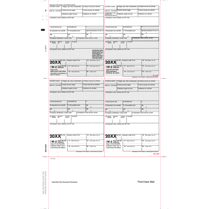8-1/2" x 14" Printed EZ Fold W2 Tax Forms (Box of 1000)