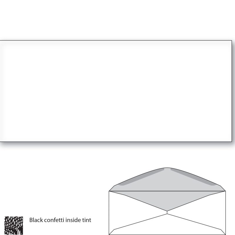 #10 Commercial Envelope, Black Confetti Security Tint. Diagonal Seam, White Wove, 4-1/8" x 9-1/2". 2500 per Carton