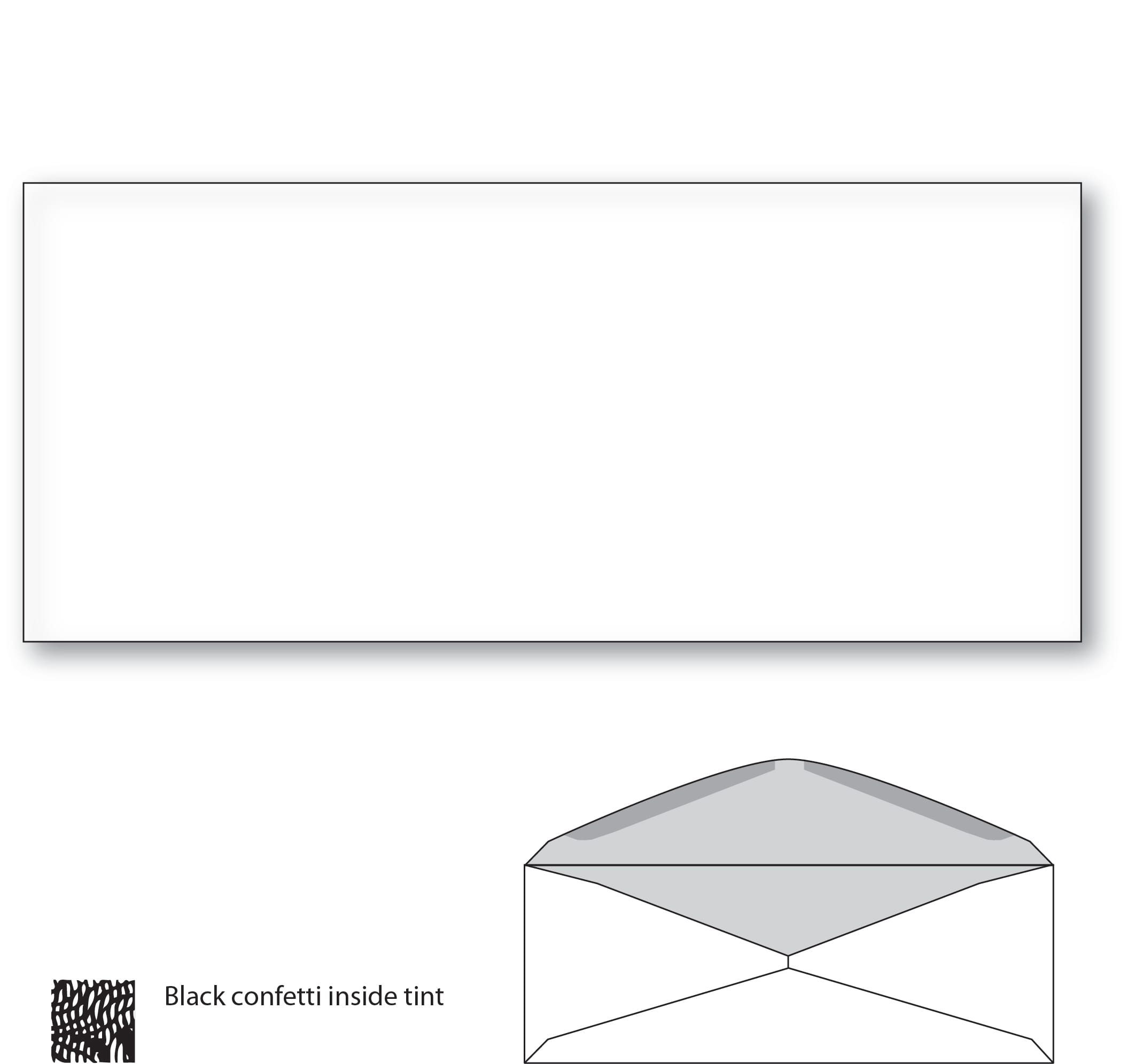 #10 Commercial Envelope, Black Confetti Security Tint. Diagonal Seam, White Wove, 4-1/8" x 9-1/2". 2500 per Carton